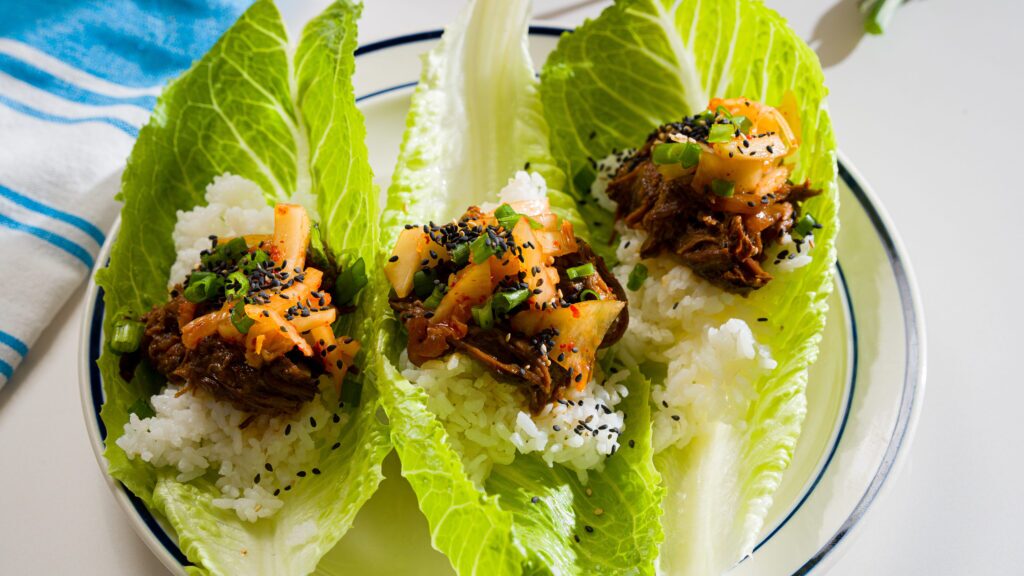 Korean braised beef in lettuce wraps.