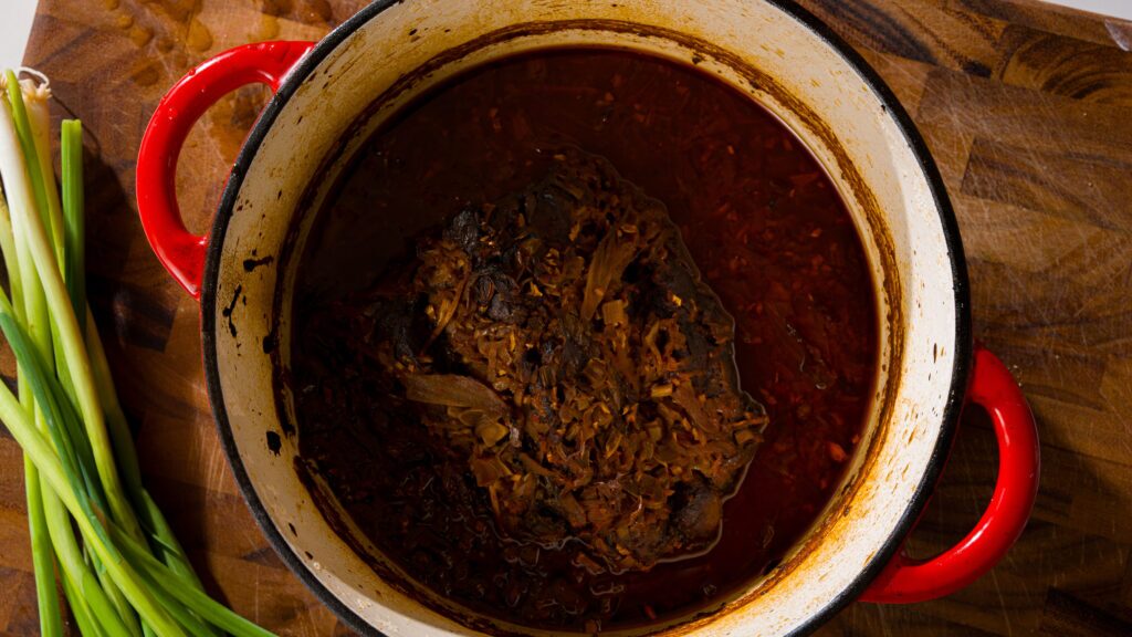 Korean braised beef recipe in a dutch oven.