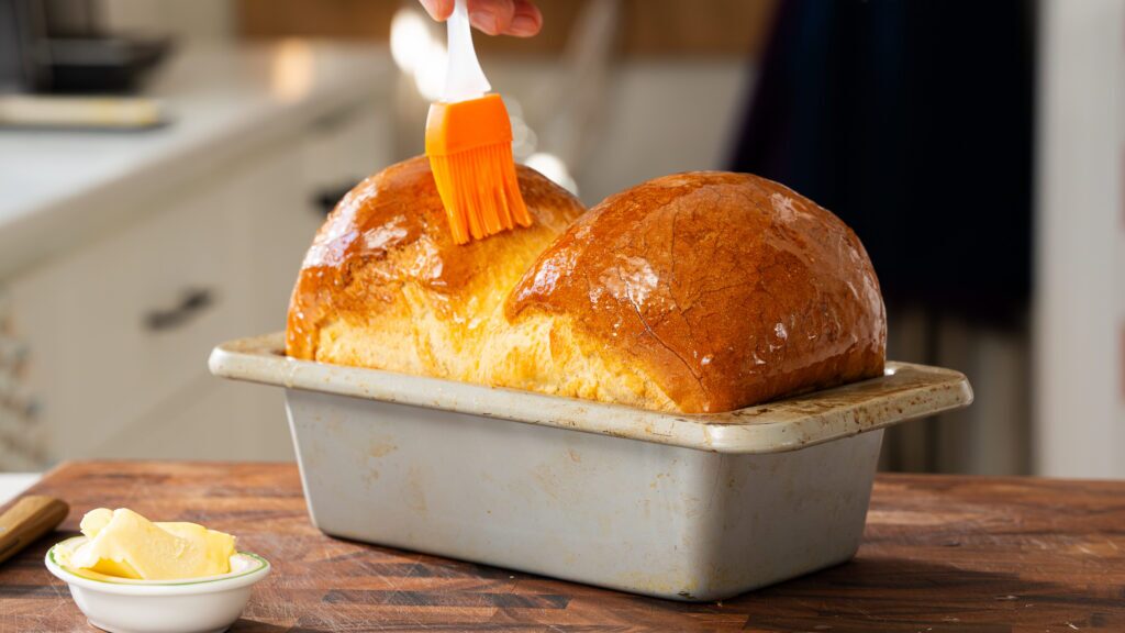 Cottage cheese bread in a loaf pan.