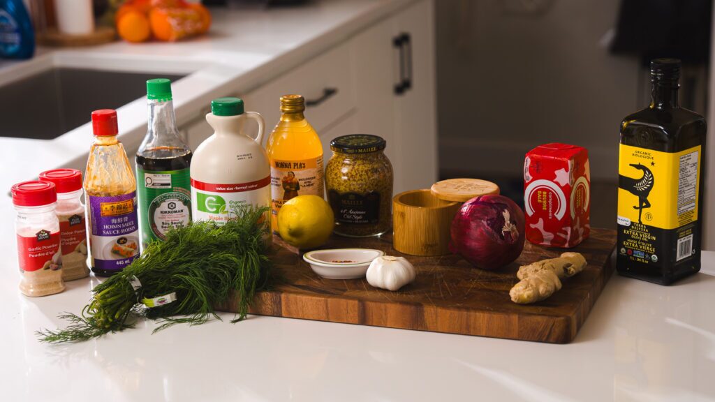 Pantry staples sitting on a counter.