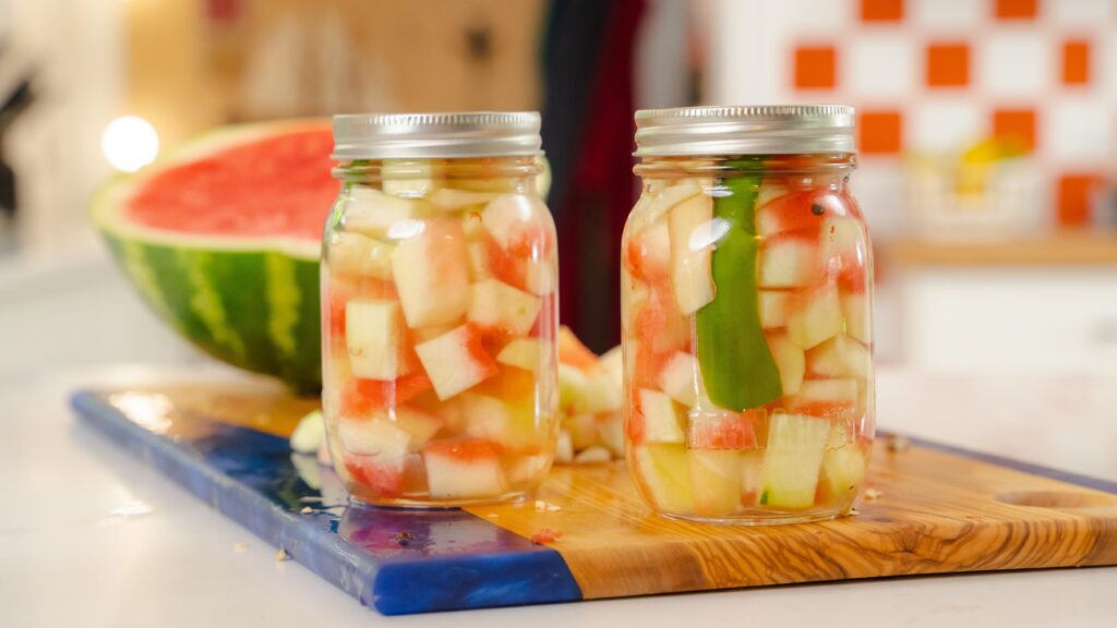 Two mason jars of pickled watermelon rind on a counter.