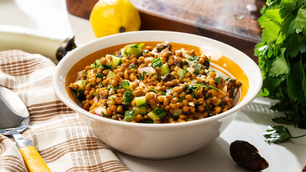 Lentil salad recipe with dates, lemon and feta.