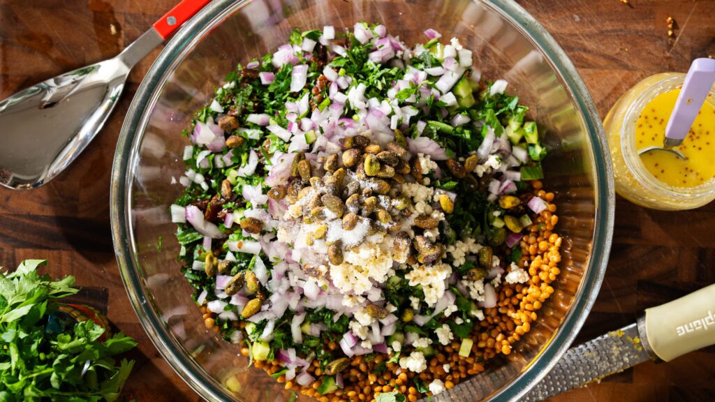 Lentil salad in a large mixing bowl.