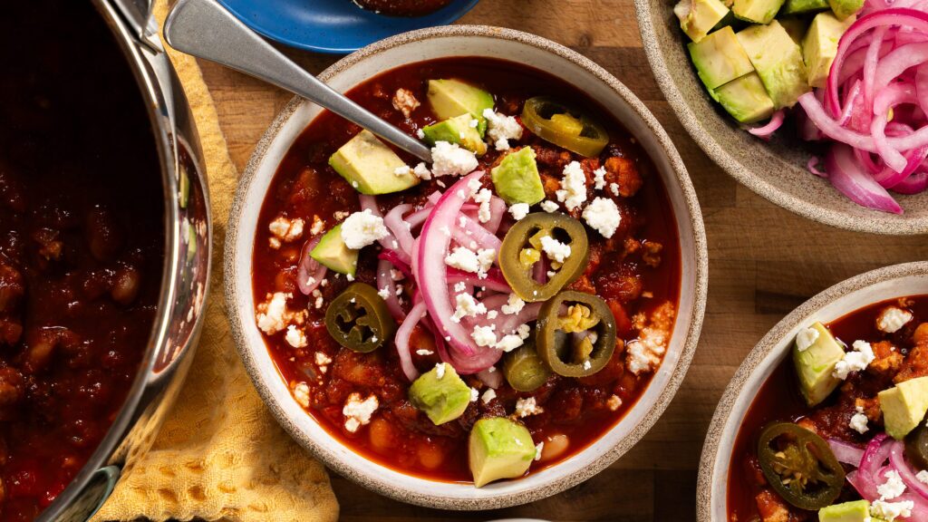 A bowl of the Goop ground turkey chili recipe.