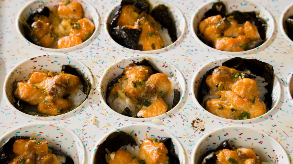 Salmon sushi cups just out of the oven.