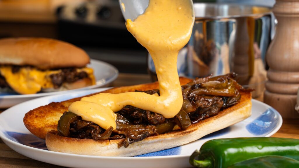 Drizzling cheese sauce over the cheesesteak sandwich.