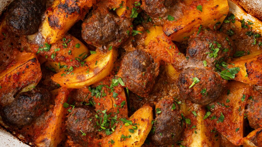 A gluten free baked Greek meatball dish with potatoes and herbed tomato sauce in a casserole dish.