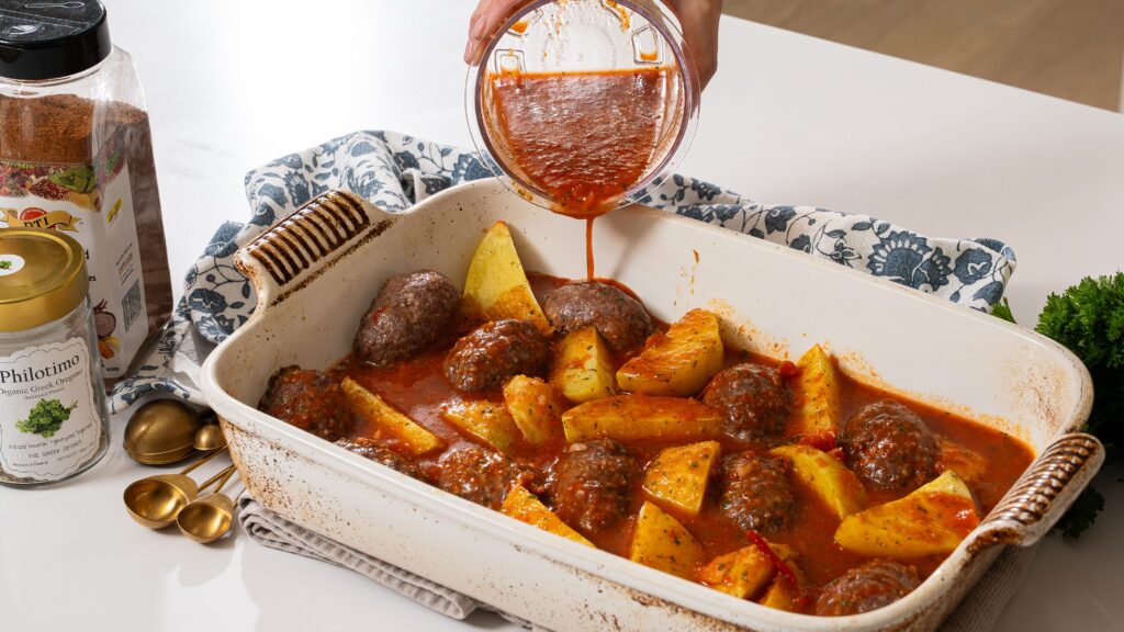 Adding the herbed sauce mixture to these gluten free Greek meatballs and potatoes.