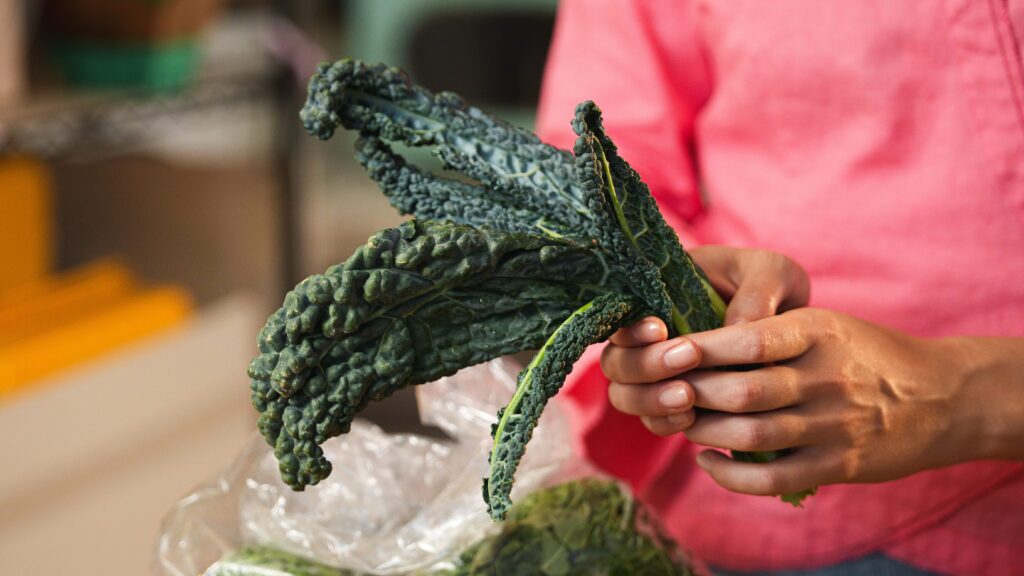 Someone holding kale, which can easily be frozen.