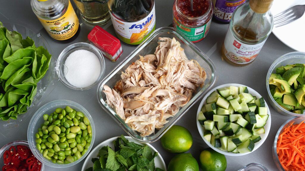 All the ingredients needed to make a rotisserie chicken salad recipe.
