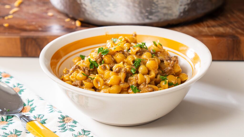 Homemade hamburger helper recipe in a white bowl.