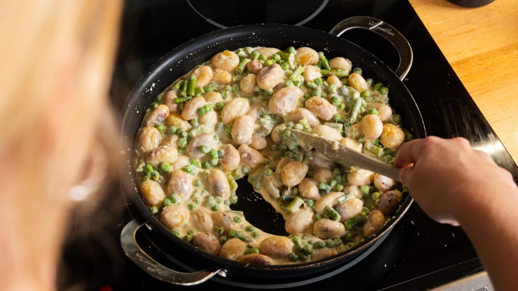 Building an easy gnocchi recipe in a skillet.