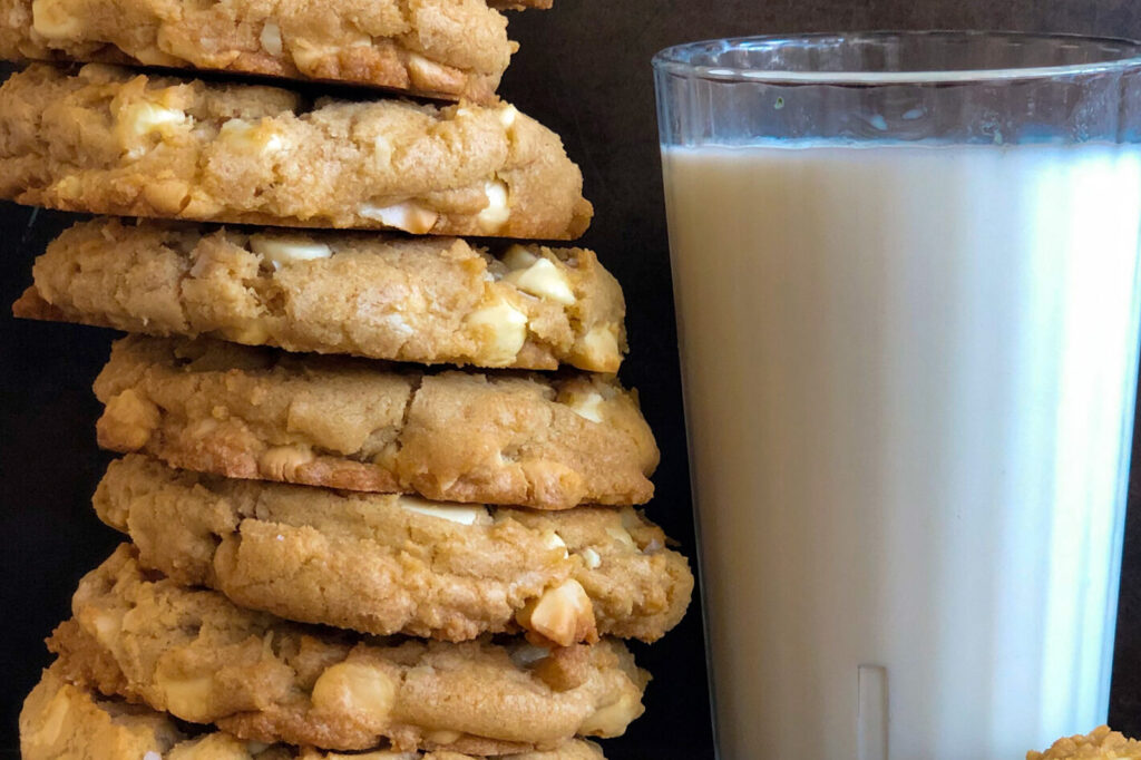White Chocolate Chip Cookies and milk