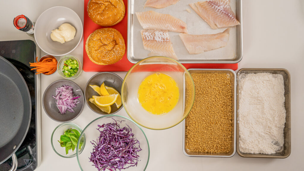 All of the ingredients for Pan Fried Haddock Burger