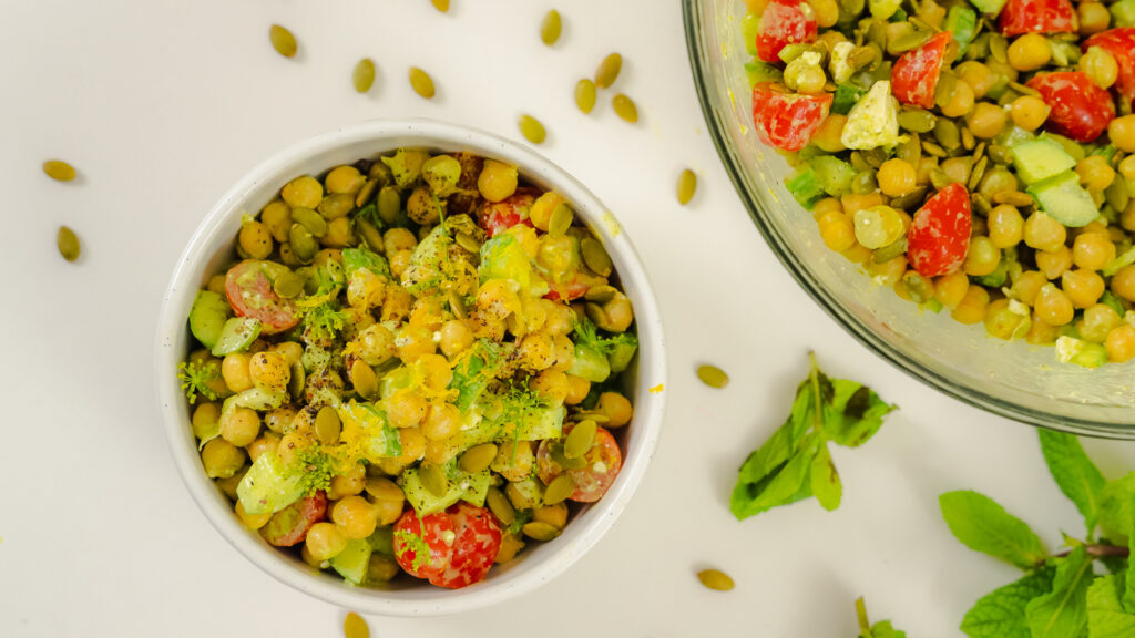 Greek Chickpea Salad with Green Goddess Dressing - The Beach House Kitchen