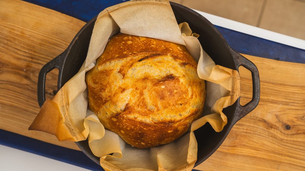 bread in dutch oven over head shot