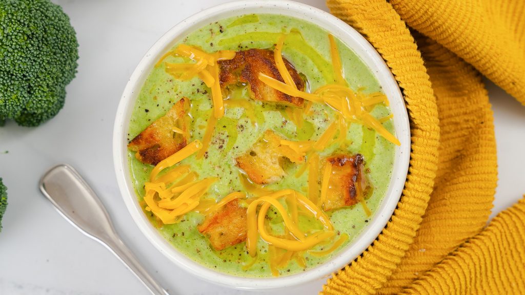 A close up shot of Broccoli Cheddar soup