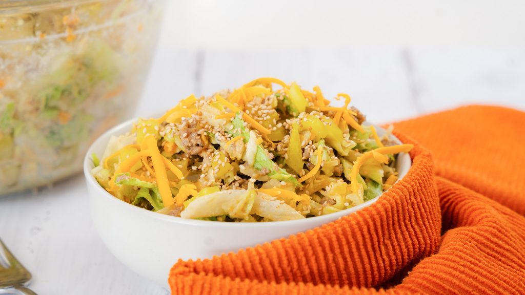 A close up of big mac salad in a bowl