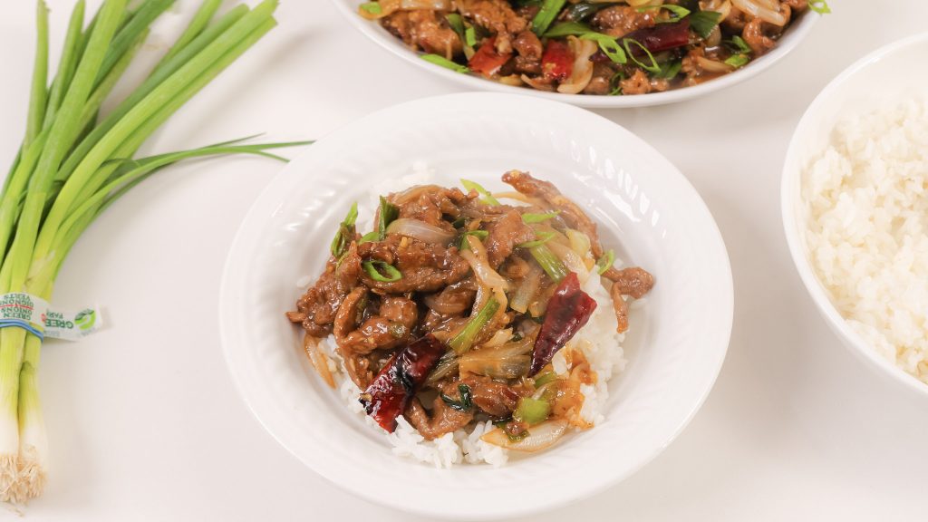 Mongolian Beef in a white bowl.