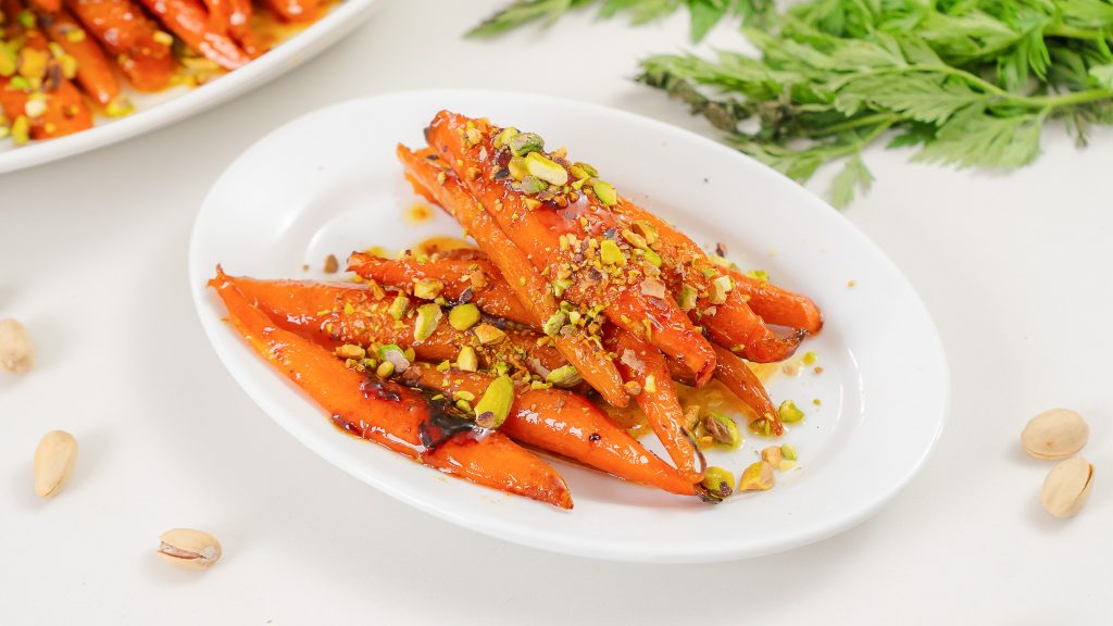 A close up shot of Roasted Pistachio Carrot Salad