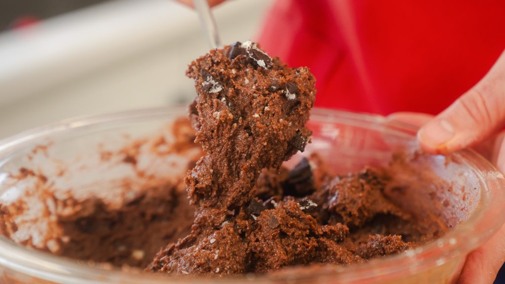 A close up shot of fully mixed Chocolate Cottage Cheese Cookie Dough