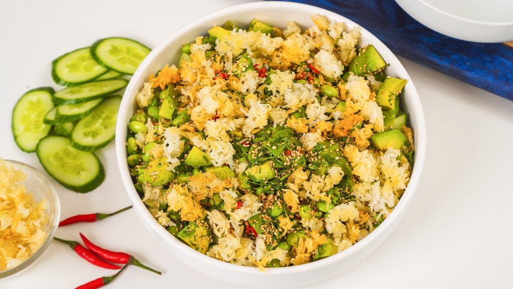 overhead image of crispy rice and cucumber salad