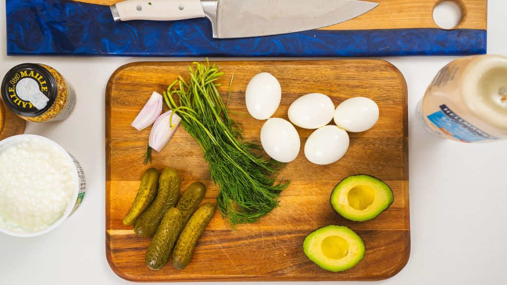 overhead of ingredients for egg salad