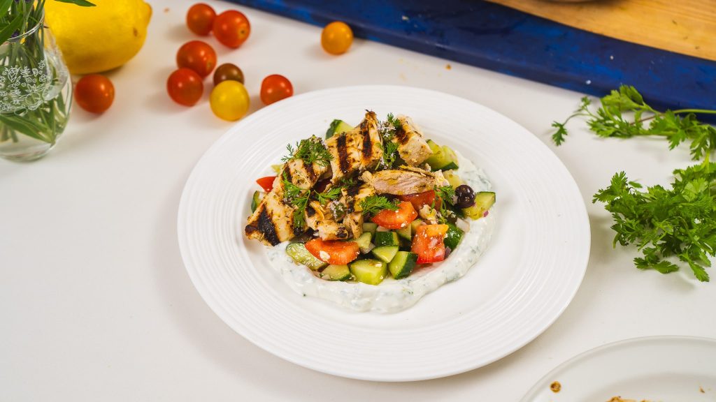 chicken, greek salad, yogurt