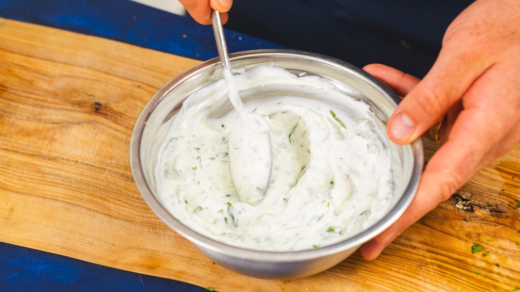 tzatziki in metal bowl