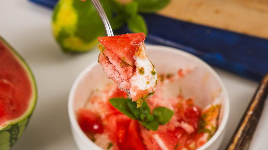 spoon of frozen watermelon and greek yogurt