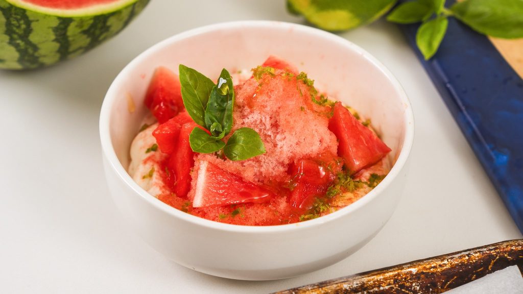 shaved watermelon ice on greek yogurt