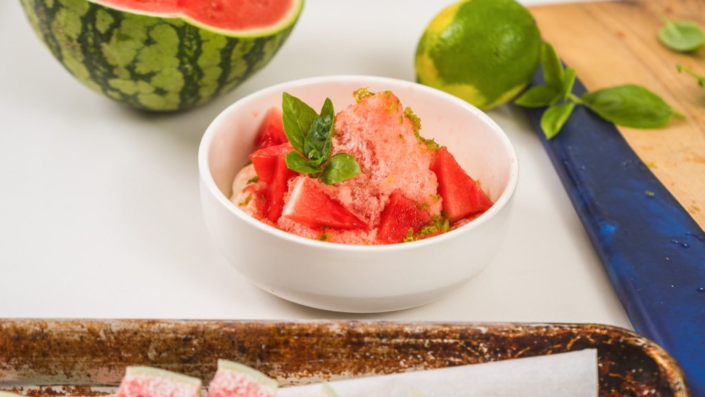 watermelon shaved over yogurt