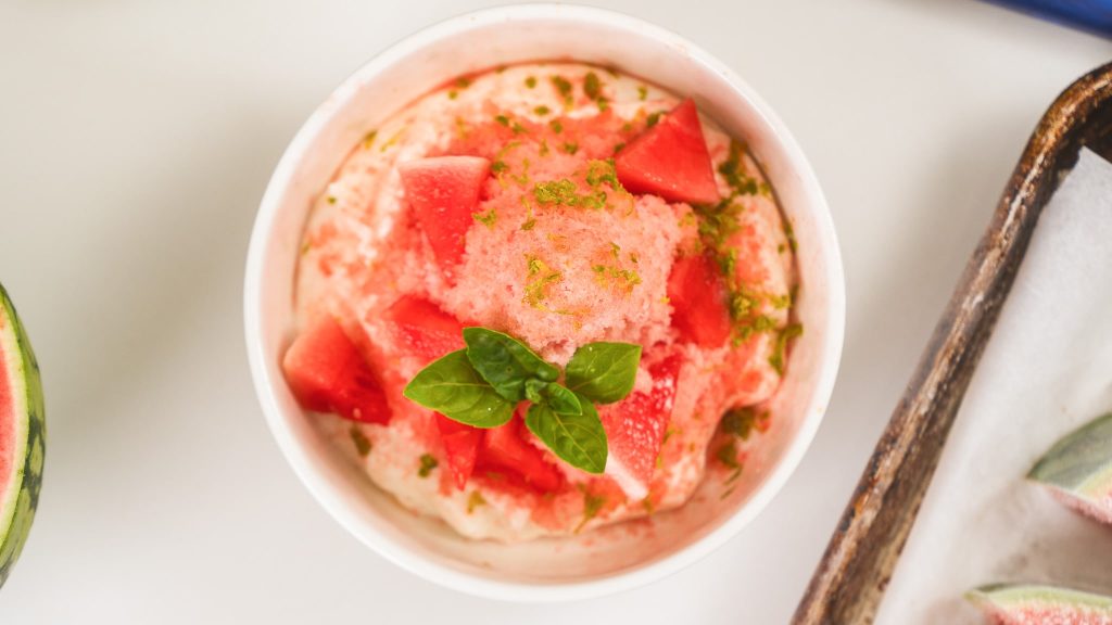 over the top shot of shaved watermelon ice