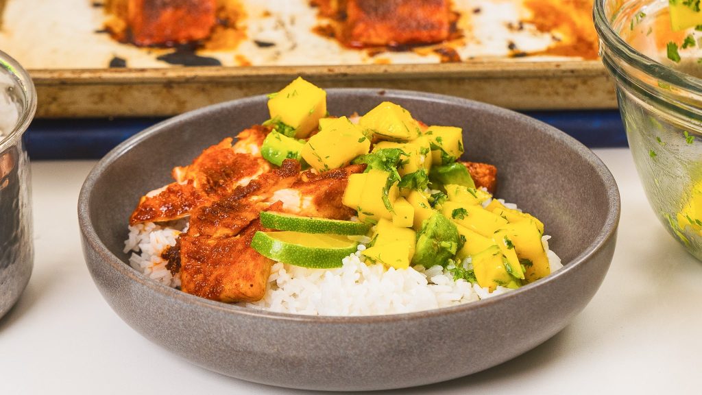 bbq salmon bowl with mango salad