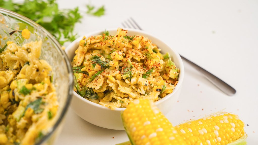 fresh corn, bowl of pasta salad