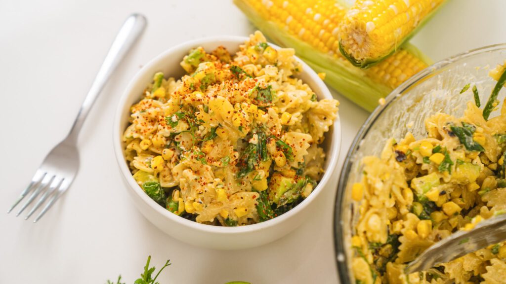 overhead view of elote pasta salad