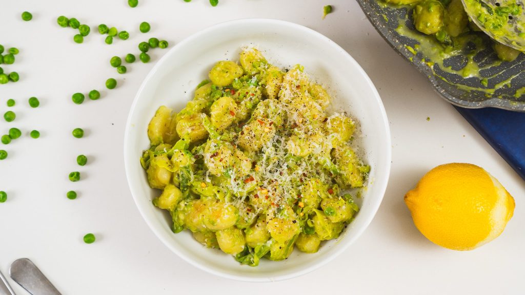 smash peas and seared gnocchi