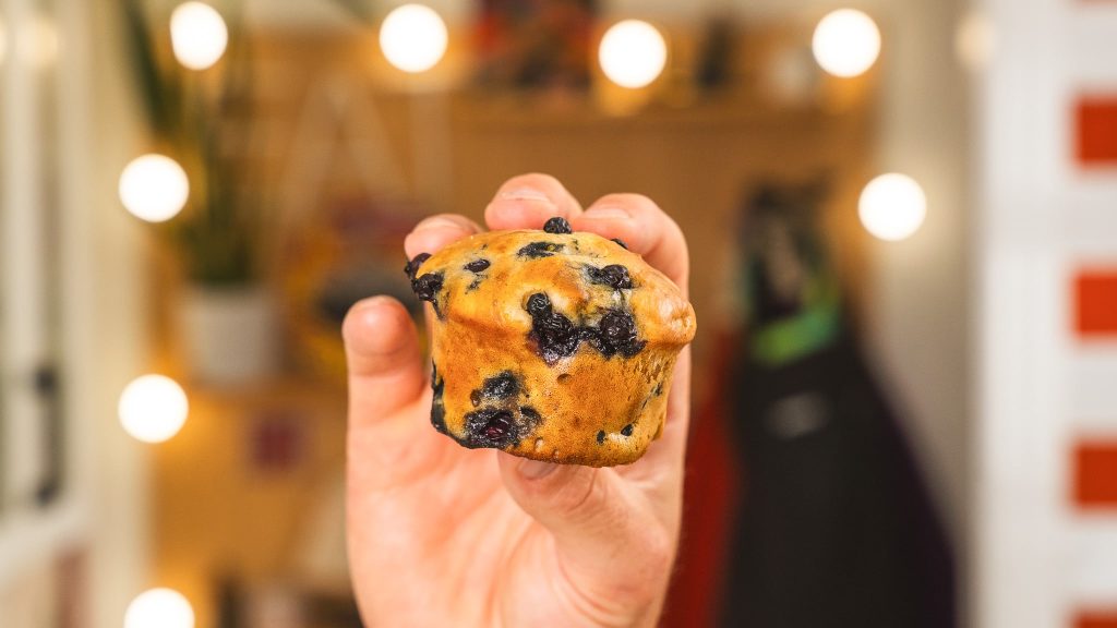 hand holding a cottage cheese blueberry muffin with lights in background