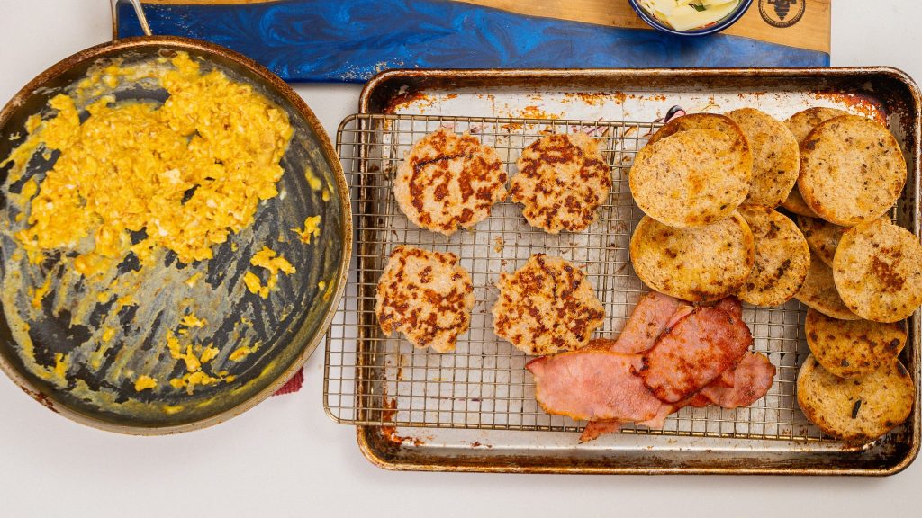 overhead shot of breakfast sandwich ingredients