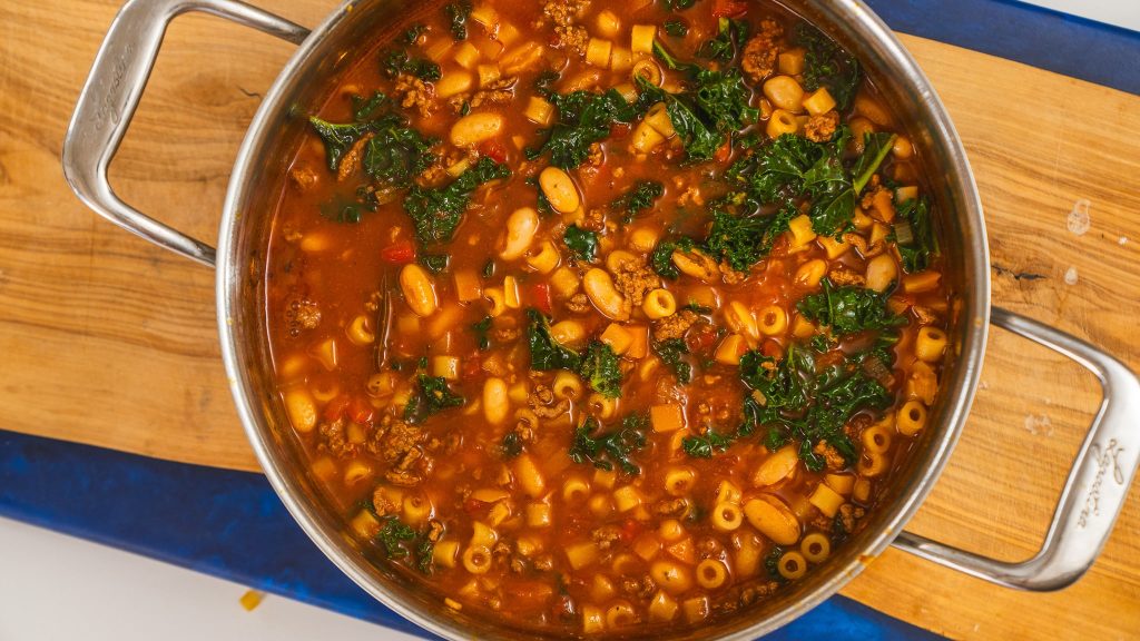 top down view of soup in pot