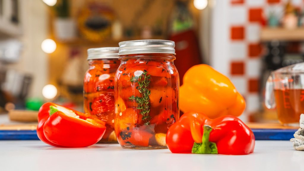 Two mason jars filled with pickled pepeprs sitting on a counter. Red and yellow peppers surround the jars.