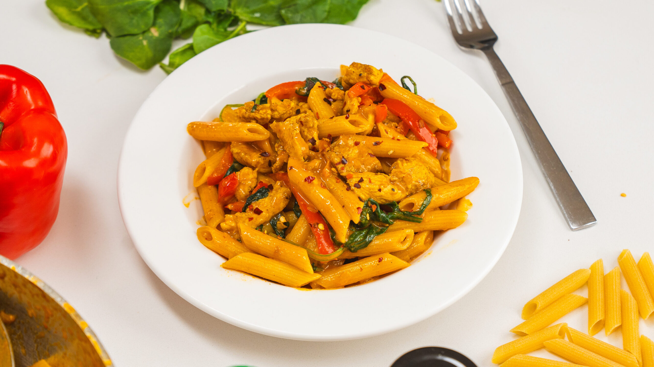 Maple Curry Chicken pasta in a white bowl with a fork nearby and some spices.