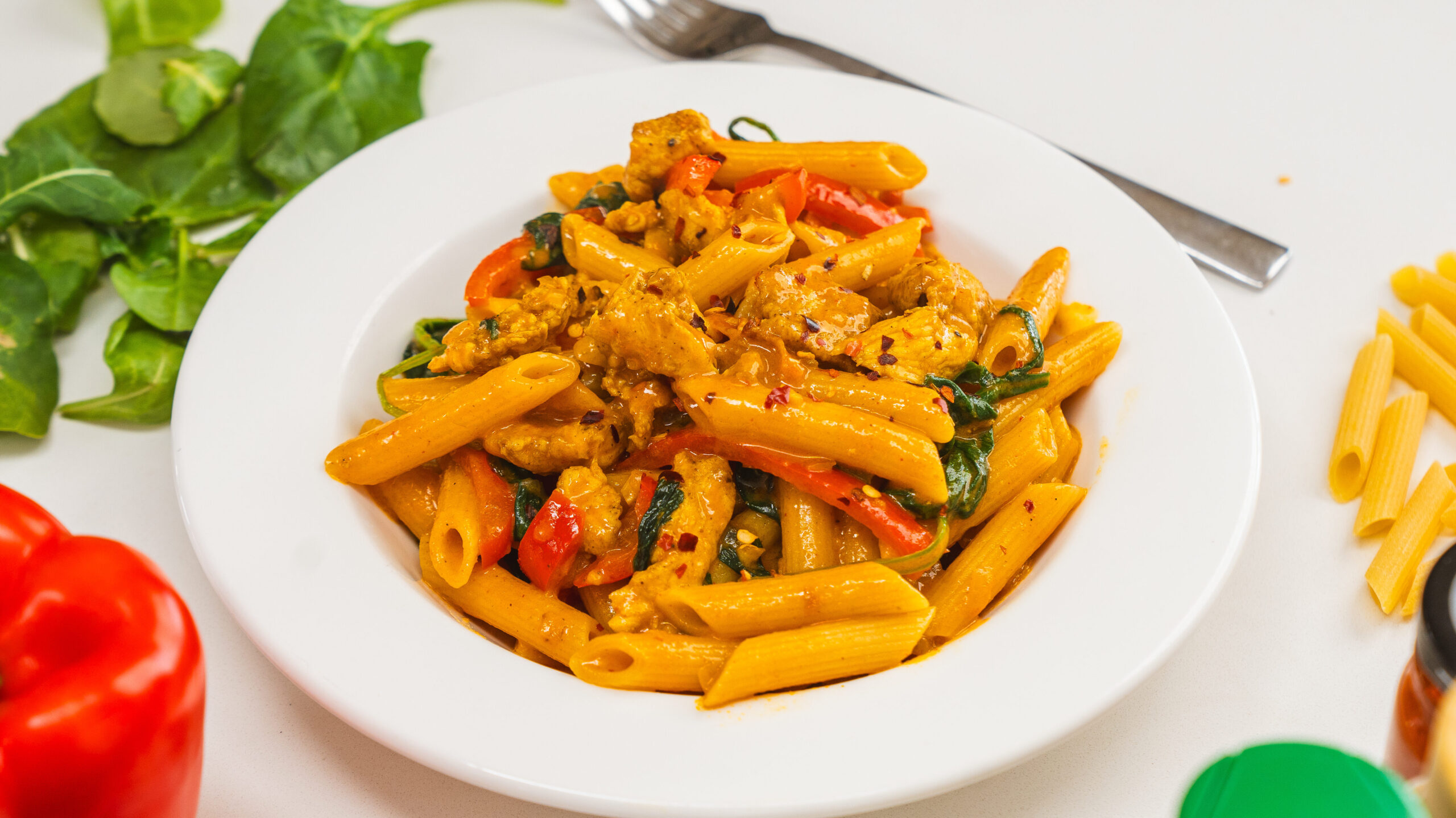 Maple Curry Chicken Pasta in a white bowl.